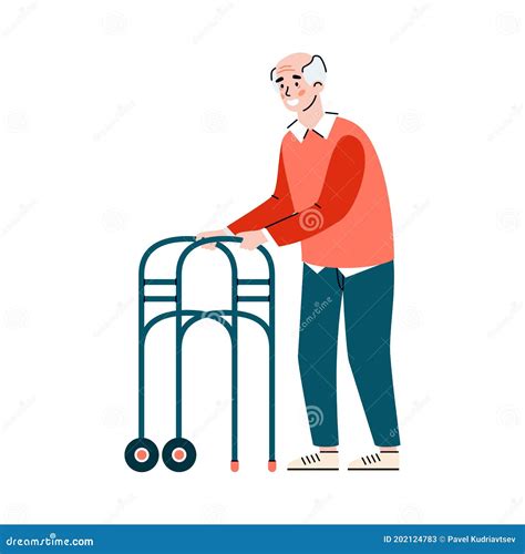 Old Man Using Wheeled Walker Happy Cartoon Senior Person Stock Vector