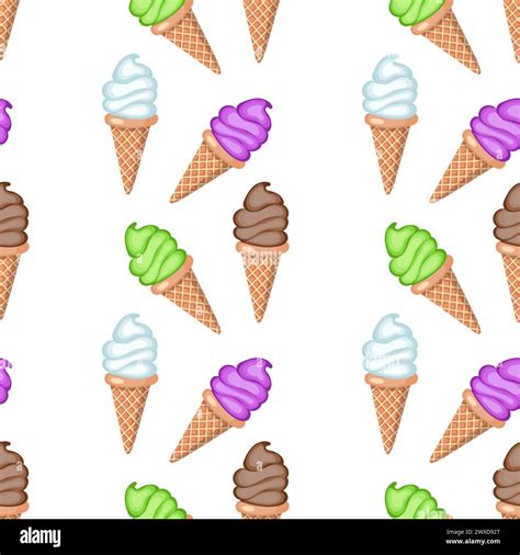 Multi Colored Fruit Ice Cream In Waffle Cones Seamless Pattern Vector