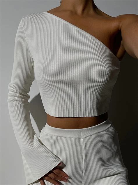 Emmiol Free Shipping 2024 Solid Color Slanted Shoulder Asymmetry Long Sleeve Knit White S In