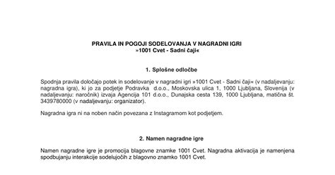 1001 Cvet Pravila in pogoji sodelovanja v nagradni igri Sadni čaji