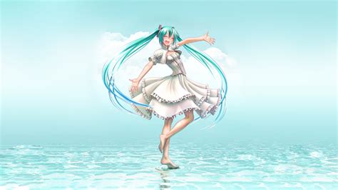 Aqua Eyes Aqua Hair Barefoot Dress Hatsune Miku Long Hair Twintails