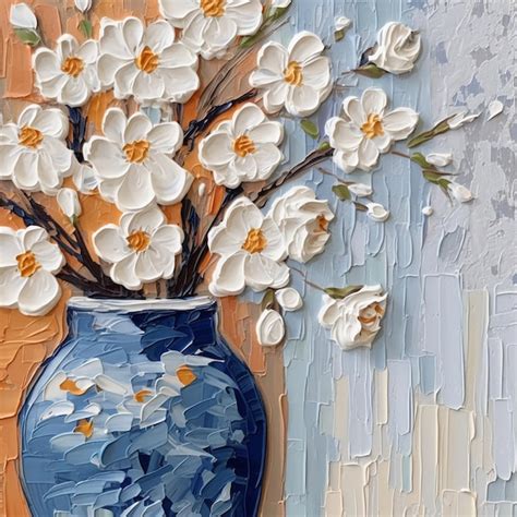 Una pintura de un jarrón azul con flores blancas Foto Premium