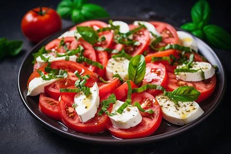 Premium Photo Close Up Italian Caprese Salad With Ripe Tomatoes Pesto