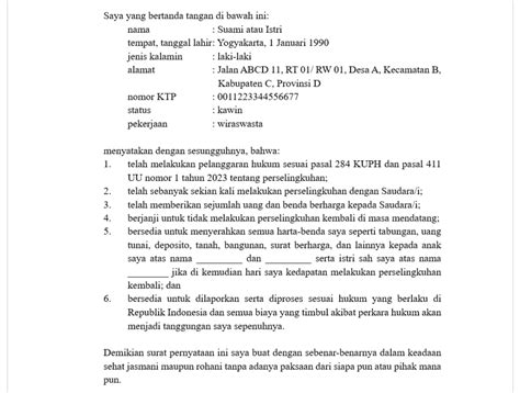 Contoh Surat Pernyataan Bermaterai Tentang Perselingkuhan