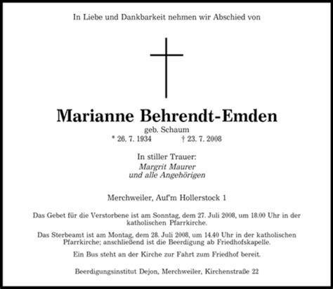 Traueranzeigen Von Marianne Behrendt Emden Saarbruecker Zeitung Trauer De