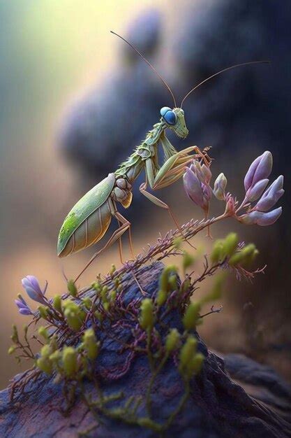 Una Mantis Religiosa Est Sobre Una Roca Con Una Flor Foto Premium