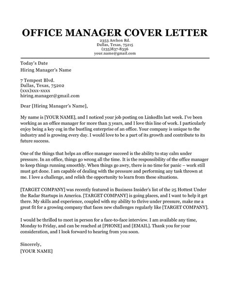 Manager Cover Letter Template