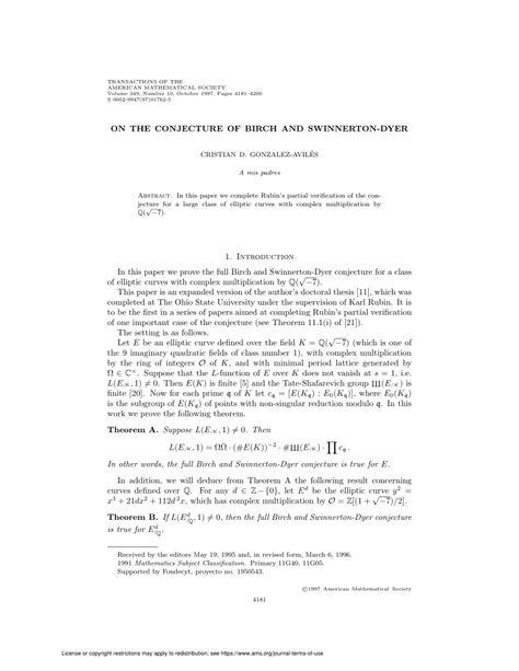 PDF On The Conjecture Of Birch And Swinnerton Dyer