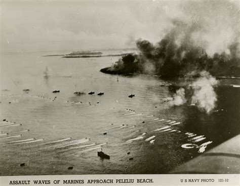 Waves of American landing craft cruising towards Peleliu, Palau, 1944 ...