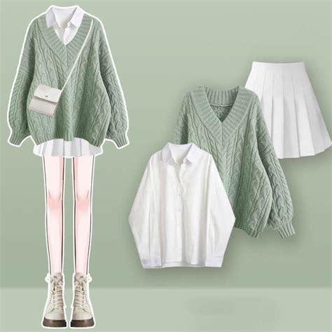 V Neck Cable Sweater Lapel Shirt Pleated Skirt Set Pull Torsad Jupe