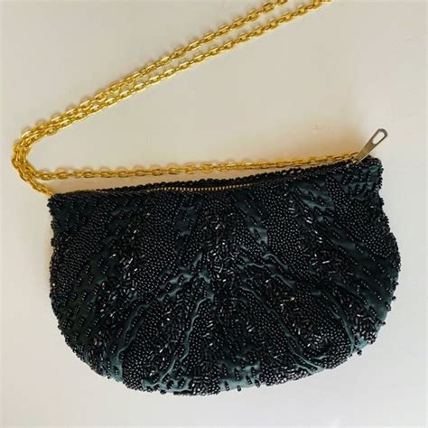 Fine Arts Bags Vintage Black Satin Beaded Clutch Chain Shoulder