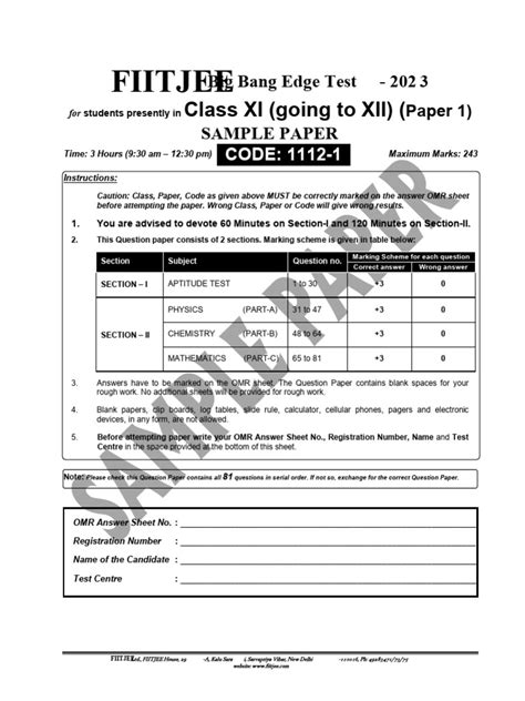 Sample Paper Bbe 2023 Class Xi P1 At Pcm Pdf