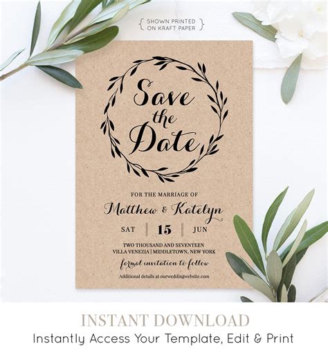 Rustic Save The Date Template Instant Download Diy Kraft Etsy Save