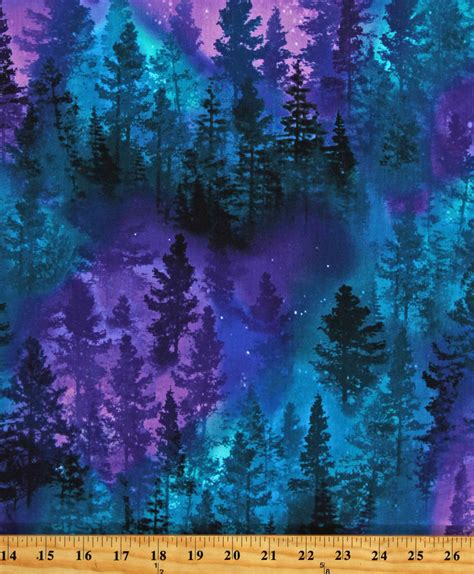 Cotton Nature Pine Trees Forests Sky Night Blue Stars Purple Cotton