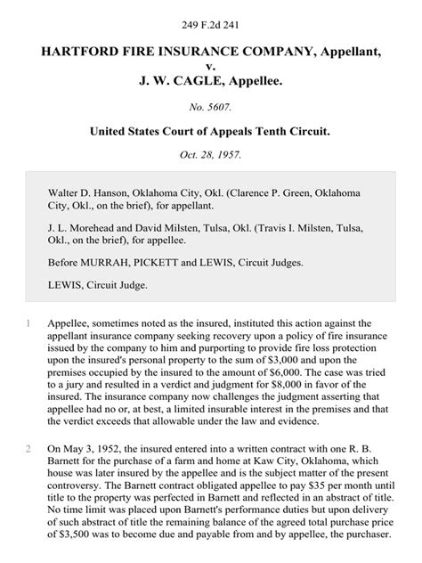 Hartford Fire Insurance Company V J W Cagle 249 F 2d 241 10th Cir