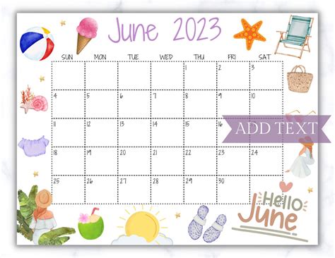 Editable June Calendar Printable Classroom Calendar Cute Summer