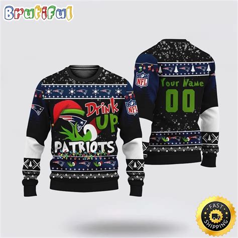 Custom Nfl New England Patriots Ugly Christmas Sweater Grinch Drink Up