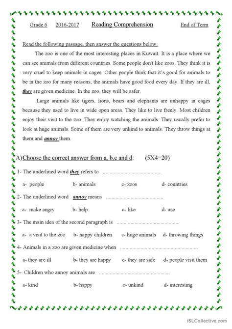 Comprehension Passage For Grade 6 Ge… English Esl Worksheets Pdf