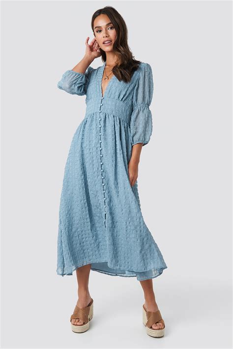 V Shape Flowy Puff Sleeve Dress Blue Na Kd