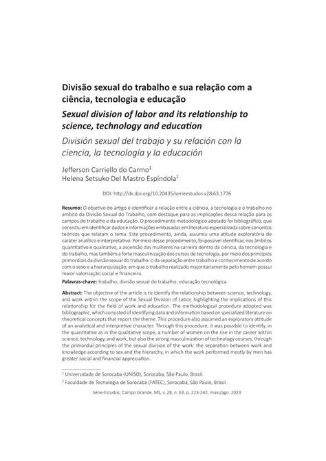 Pdf Divisão Sexual Do Trabalho E Sua Relação Com A Ciência