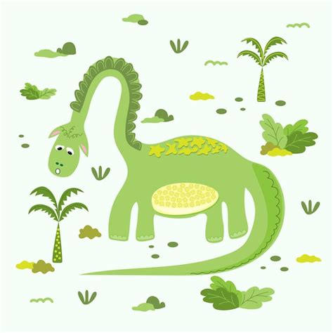 Dinosaure Vert Mignon Dessiné Dans Le Style Des Enfants Avec Des