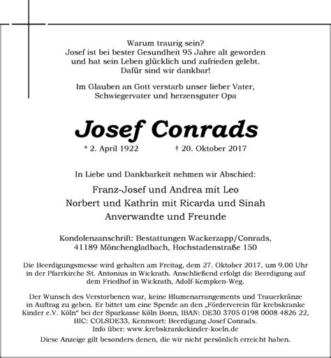 Alle Traueranzeigen für Josef Conrads trauer rp online de