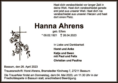 Traueranzeigen Von Hanna Ahrens Trauer Kreiszeitung De