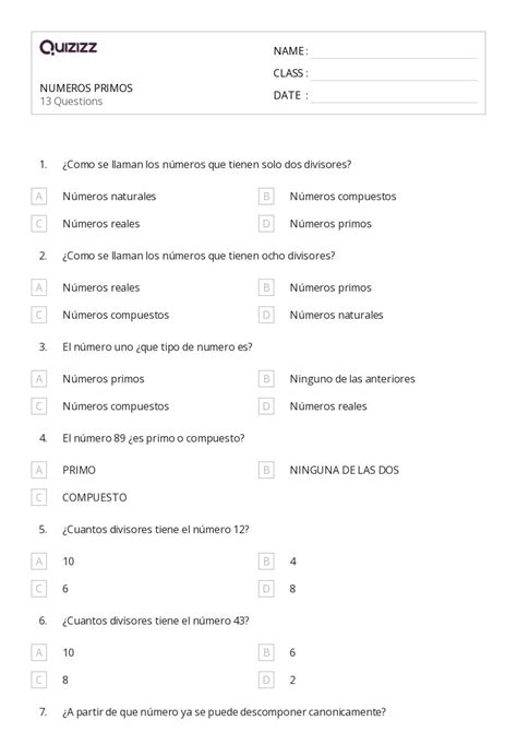 50 Números primos y compuestos hojas de trabajo para Grado 3 en