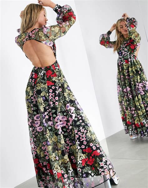 Asos Edition Floral Embroidered Maxi Dress With Open Back Dresses