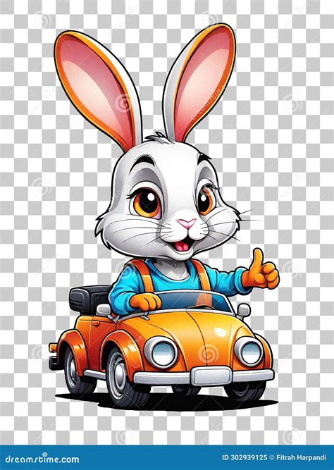 Cute Little Rabbit Cartoon Character Driving a Retro Car on Transparent ...