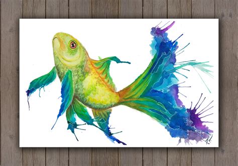 watercolour art print koi fish swimming yellow green rainbow
