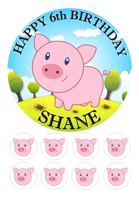 Cute Pig Icing Birthday Cake Topper & 8 Cupcake Toppers