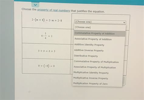 Solved Choose The Property Of Real Numbers That Justifies T Algebra