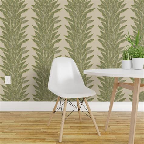 Pre Pasted Wallpaper 2ft Wide Tropical Stripe Olive Green Succulent Neutral Greenery Custom Pre