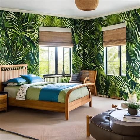 A Tropical-themed Bedroom with Palm Leaf Wallpaper, Bamboo Furniture ...