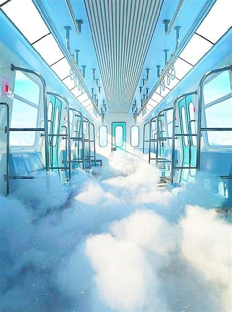 The Interior Of A Train With Blue And White Clouds