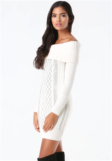 Bebe Off Shoulder Sweater Dress In White Lyst