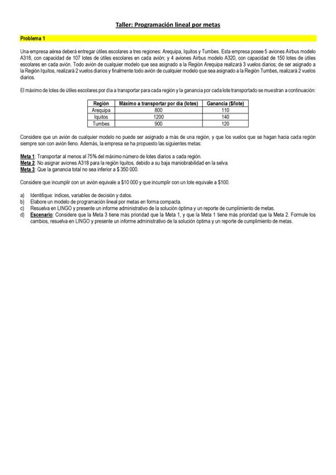 IN328 Taller Programación por metas PDF Taller Programación lineal