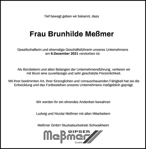 Traueranzeigen von Brunhilde Meßmer ZVW Trauer