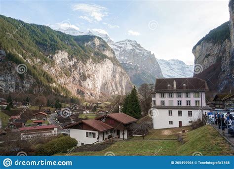 Lauterbrunnen Switzerland Street And Waterfall Editorial Photo