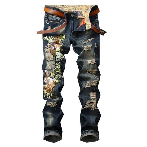 2017 Mens Tiger Flower Embroidery Jeans Fashion Casual Hip Hop Holes