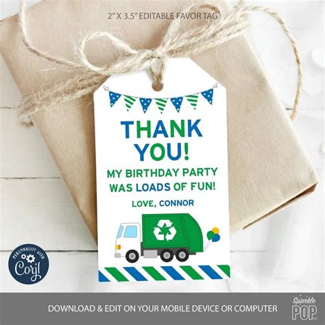 Editable Trash Truck Birthday Party Favor Tags Printable Etsy Puppy