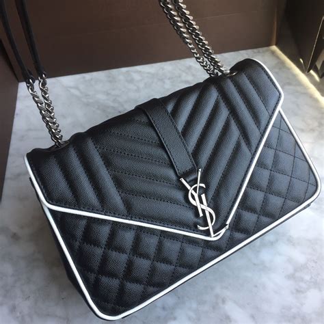 Ysl Saint Laurent Woman Chain Bag Caviar Leather Black With White Trim