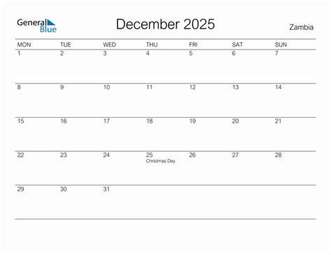 Printable December 2025 Monthly Calendar With Holidays For Zambia