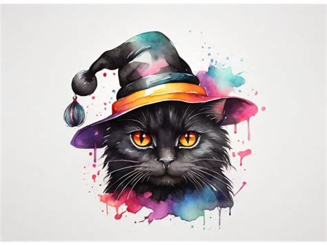 Premium Photo Painting Of A Black Cat Wearing A Witch Hat