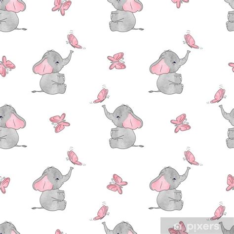 Wall Mural Seamless Pattern With Cute Elephants And Butterflies Vector