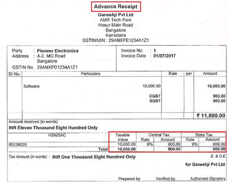 Advance Receipt Format