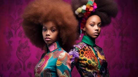 Modelos Afro Twins Girls En Vestido Colorido De Moda Vintage Y Estilo