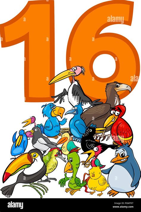 Cartoon Illustration of Number Sixteen and Bird Characters Group Stock ...