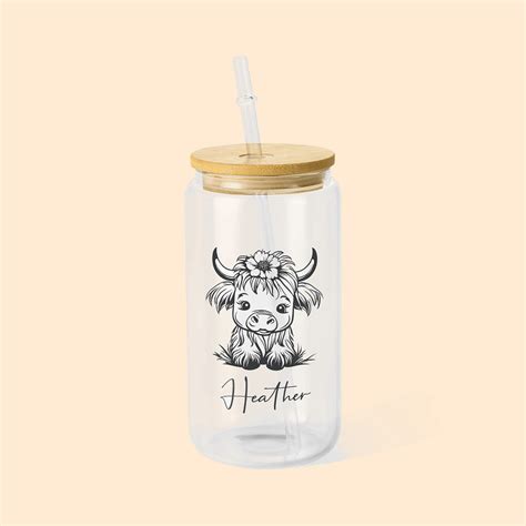 Personalisierte Highland Cow Clear Can Glas Mit Namen Und Strohhalm Und Deckel